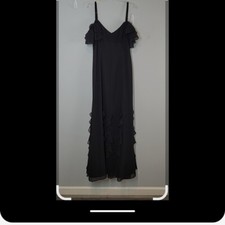 Ralph Lauren black flutter sleeve beaded ruffle maxi evening dress sz 12 womens