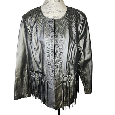 Chi by Carlos Falchi Leather Jacket 2XL Silver Metallic Fringe Glam Maximalist 