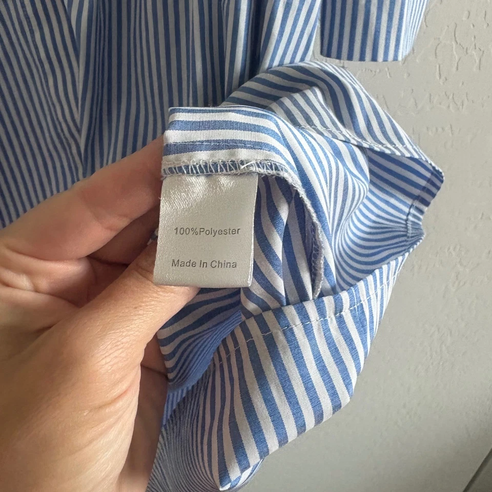 Vestido midi Tuckernuck azul blanco a rayas cuello mandarín en capas para mujer M Foto 3 de 4