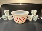 Vtg 1950s Hazel Atlas Polka Dot Milk Glass Christmas Punch Bowl & 6 Cup Set