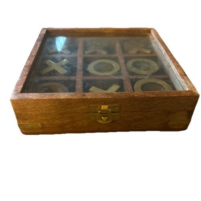 Vintage Wooden Tic Tac Toe Game Set Brass Wood IndiaPieces Glass Top Display Box