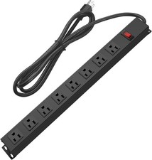 Metal 8 Outlet Power Strip Wall Mount Heavy Duty 15A 6FT Cord Black