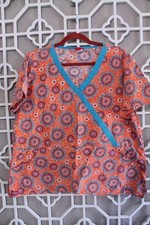 Dickies Scrub Top Orange Medical Nurse Womens XL Pullover Workwear Geometric