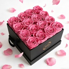 16 Preserved Roses in Box, Forever Flowers Gift, Black  Pink  Preserved Rea...