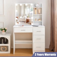 LED Lights Vanity Desk Dresser Table Sliding Mirror 4 Drawers Makeup Table