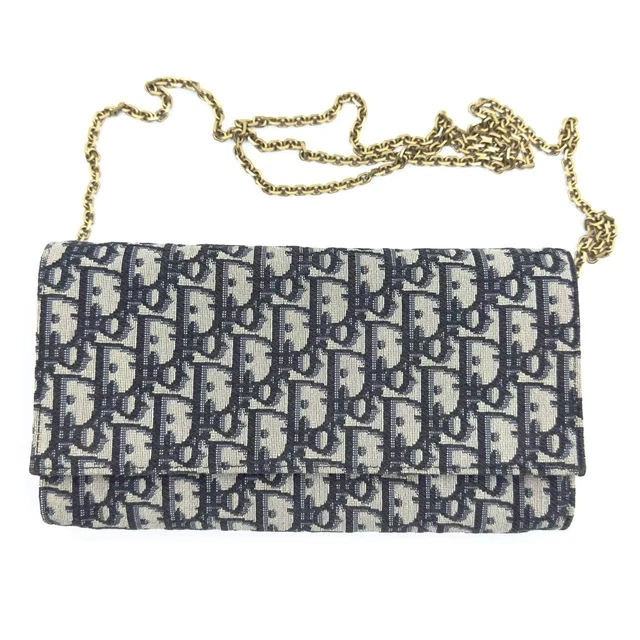 091501 Christian Dior Oblique Canvas Leather Oblique Chain Wallet Shoulder Bag