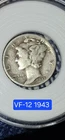 3 Mercury dimes 1943 marks D Mint Circulated VF-12 #3