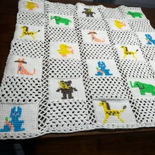 Vintage Hand Knit Quilt Crochet Afghan 36  x 36  Baby Blanket Animals Nursery