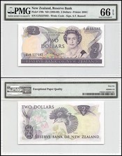 New Zealand 2 Dollars, 1985-1989 ND, P-170b, PMG 66