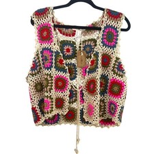 NWT Natural Life Granny Crochet Colorful Cream Pink Hippie Vest Festival Retro L