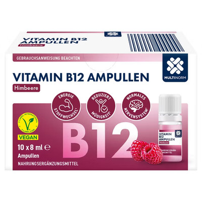 Multinorm Vitamin B12 Ampullen,10x8ml Trinkfläschchen Himbeer Geschmack,neu&ovp