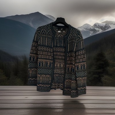 Peruvian Connection 100% Pima Cotton Knit Cardigan M Blue Beige Geometric