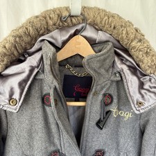 Coogi Ladies Gray Wool Blend Bomber Jacket Rainbow Trim Toggle Zip Hooded Sz.S