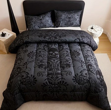 Queen Black Gray Skull Damask Comforter Set 3-Piece w/ 2 Pillowcases
