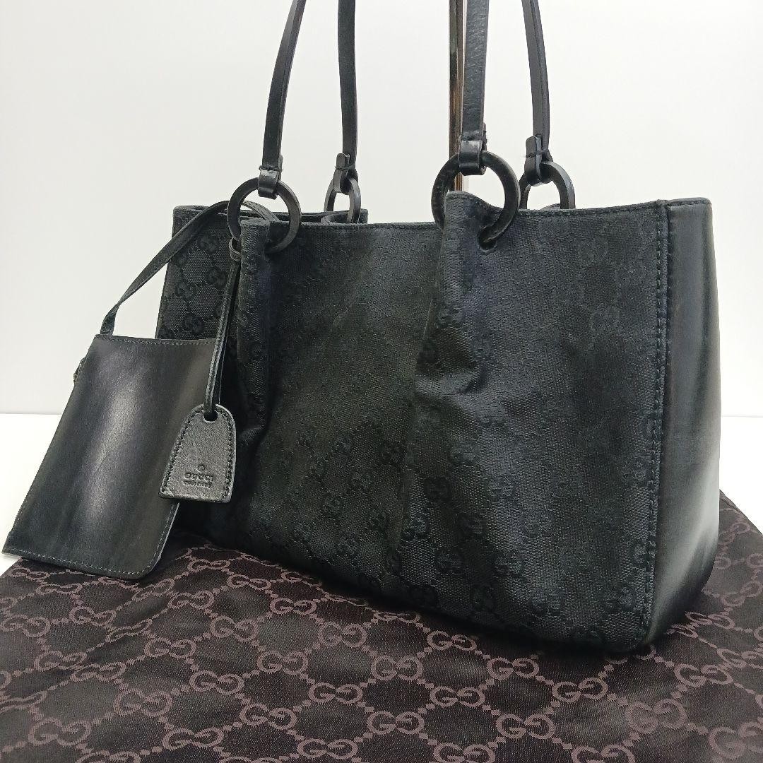 Authentic Gucci GG Canvas Black Leather Handbag Ships from Japan