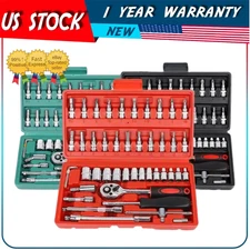 46PCS Socket Wrench Set 1/4" Drive Ratchet Metric Repair Tool Kit USA