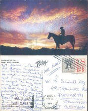 Cowboy at sunset Bob Petley 1966 postmark Animals Landscapes