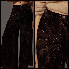 Farm Rio x Anthropologie Printed Botanical Black Velvet Pants Size SMALL Palms