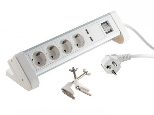 Design Tisch Steckdosenleiste 4-fach mit USB Ladefunktion 2x 1A weiß Aluminium