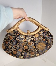 Vtg silk and satin Asian Embroidered handbag purse, handmade gold Black Bag
