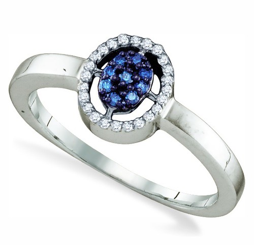 10K White Gold Blue & White Diamond Ring Oval Halo Cluster Ring .17ct - Picture 2 of 4