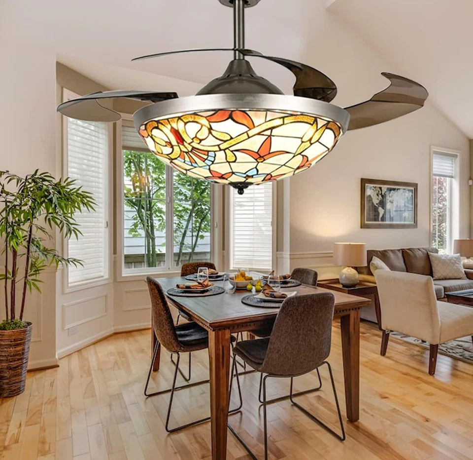 42" Mediterranean Ceiling Fan Light Remote Retractable 3-Color LED Chandelier - Image 2 of 4