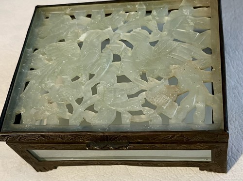 Antique Chinese Carved Jade Trinket Box - Vintage Brass & Stone Casket Box - Picture 2 of 11
