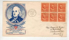 1938 PRESIDENTIAL SERIES BEN FRANKLIN FDC 803-58 WSE/CLIFFORD BLOCK OF 6