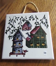 HOME AND GARDEN CERAMIC  6" BY 6" BIRD HOUSE  HANGING WALL TILE  U S A