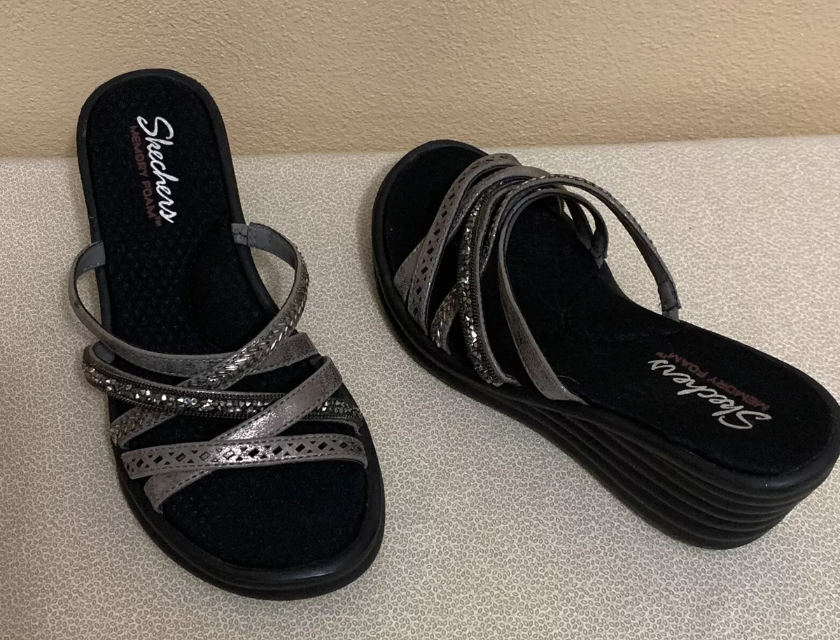 Moderator grens regeren Skechers Womens Memory Foam Sandals Black Heel Wedge Slip On Size 8 M US |  eBay