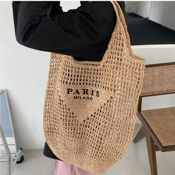 Bolso Tote De Punto De Rafia Natural Bolso Hobo 'Paris Milano'