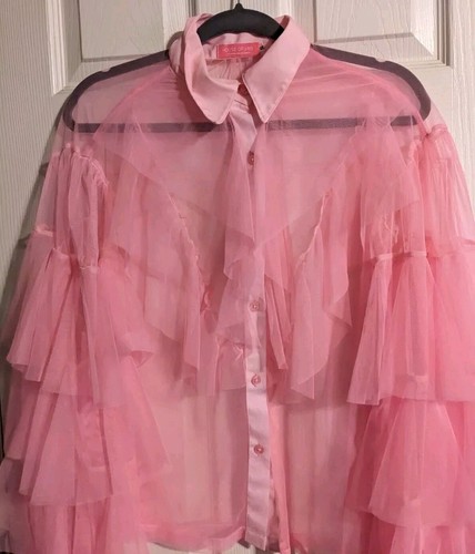 House of Aris Bluse rosa Rüschen Tüll transparent S Langarm Knopfleiste Kragen - Bild 3 von 6