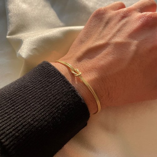 Woman 18K Gold Plated Stainless Steel 2 Layers Snake Chain Knot Bracelet Bangle - Picture 2 of 9