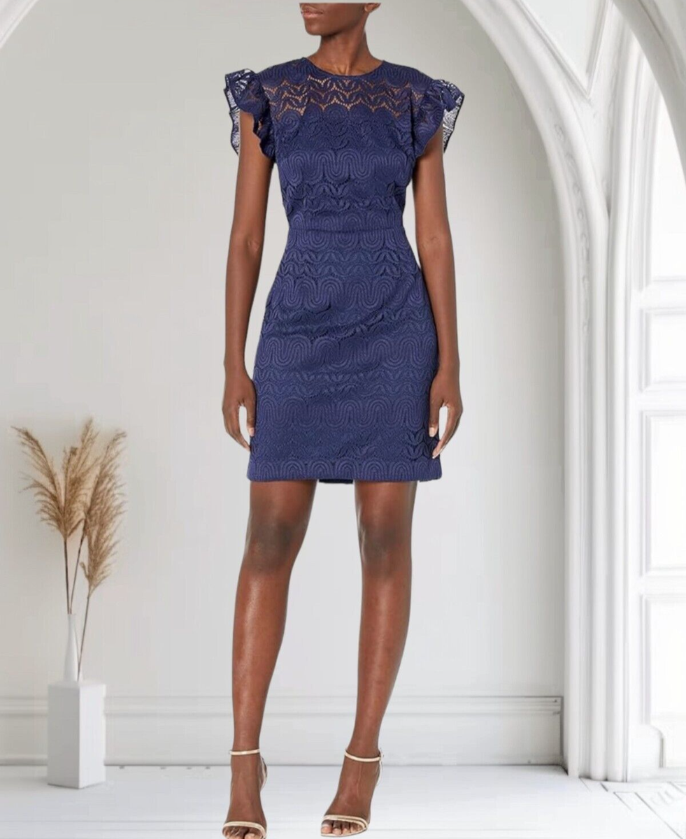 Ladies Dresses Navy Lace Together Lace Dress H&M Navy Blue Cap Sleeve Lace  Sheath Dress Keyhole Back Women's Size