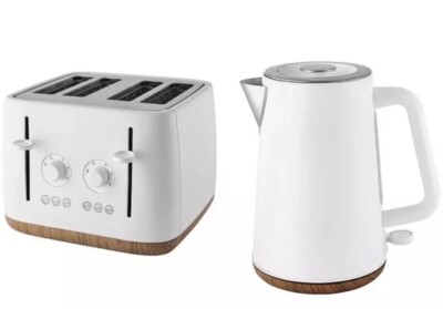Mattweiß Scandi Holzoptik Schnellkochen Wasserkocher & 4 Scheiben Toaster Küche Set
