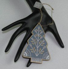 NWT 4" WOODEN CHRISTMAS TREE ORNAMENT BLUE SILVER EMBELLISHED COUNTRY FARMHOUSE