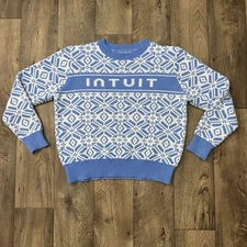 Intuit Winter Crew Neck Ugly Christmas Knit Sweater Size L Blue White Snowflake