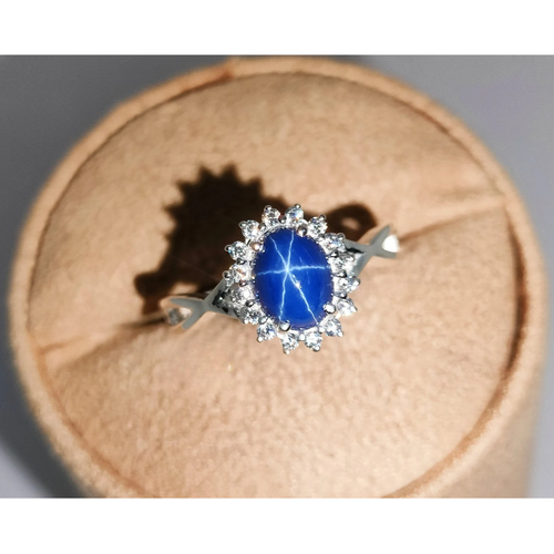 Bague saphir étoilé bleu motif vigne vintage argent N-S - Oval Lab Created - France