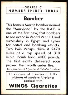 Bomber Wings Cigarettes Series C Tobacco Card #33 R4-85