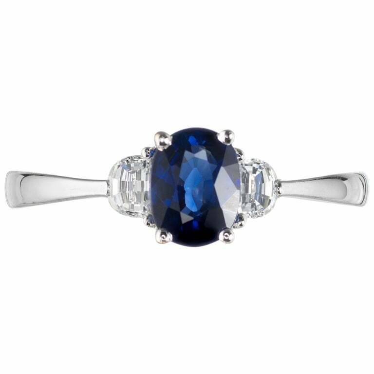 Vintage Oval Gem Sapphire Gs Half Moon Diamond 18k White Gold  Ring
