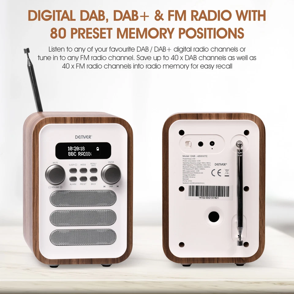 DAB Radio Bluetooth Large Remote Control FM  Dual Alarms Denver DAB-48 White - Image 2 of 4