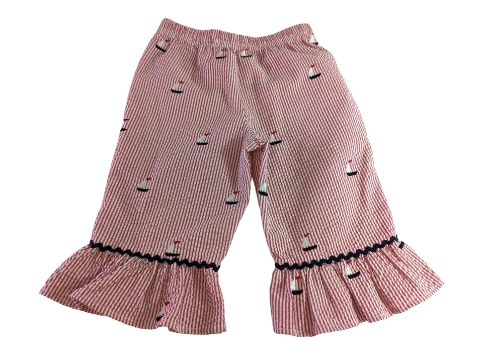 Kellys Kids Girl size XS 4 Ruffled Red Stripe Embroidered Sailboat Capri Pants - Image 2 of 4