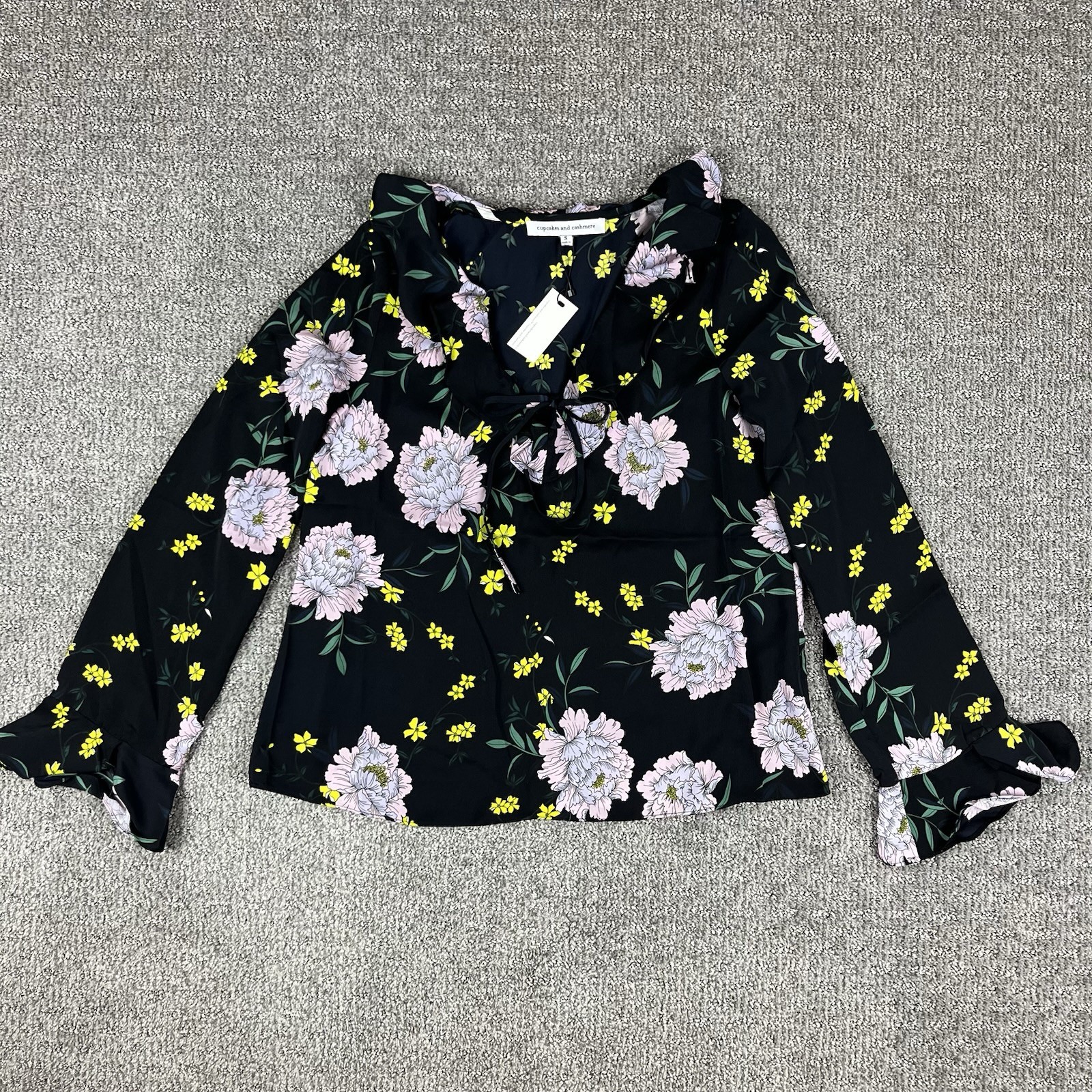Cupcakes And Cashmere Womens Small Floral Ruffle Black Blouse Romantic Style