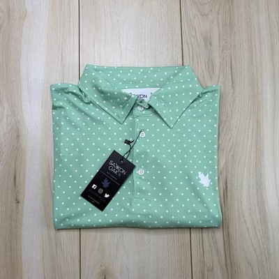 Saxon Oak Men s Polka Dot Golf Polo Shirt Green Size XL Stretch Leaf Logo NWT