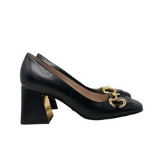 Gucci Baby Horsebit Leather Square Toe Block Heel Pumps Black Size 38