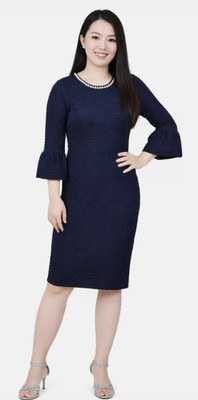 NY Collection Dress PS Petite-S Blue Bell 3/4 Sleeve Pearls on Neckline APR215