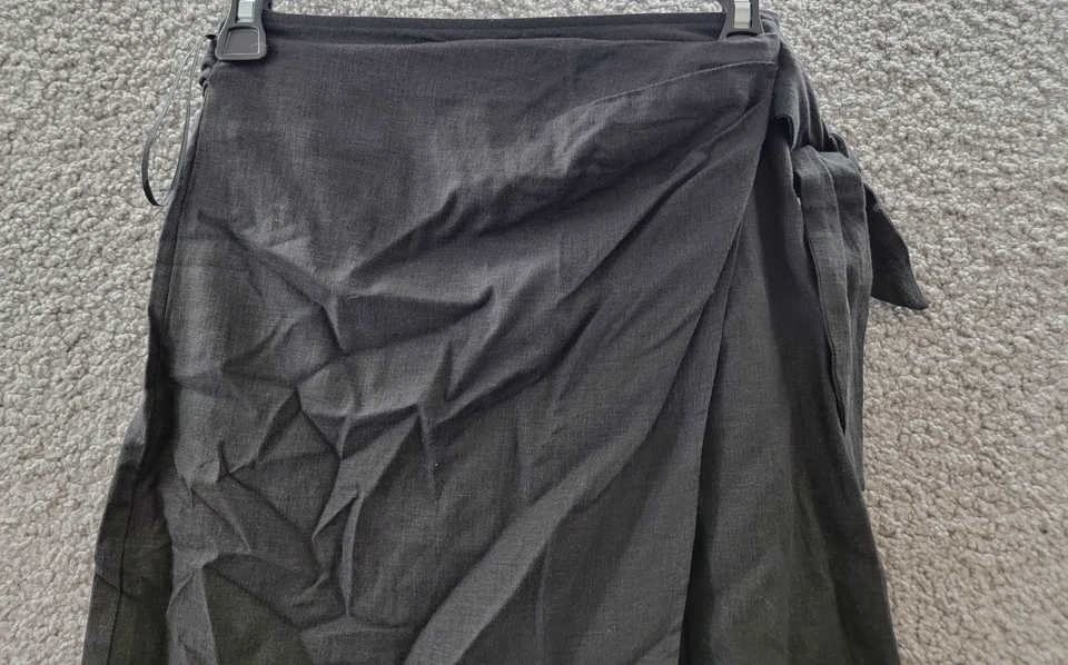 Falda envolvente midi Steve Madden Isadora mezcla de lino para mujer XS negra cierre de corbata ~ Foto 3 de 4