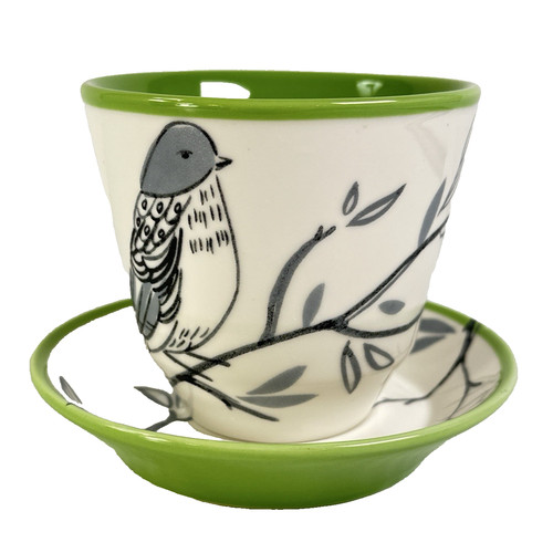 JM Rittmueller Bird on Branch Cup Saucer Green 2 pc Set Hallmark Artist