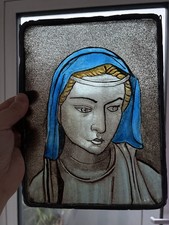 Antique vintage stained glass panel Religious Virgin Marry 