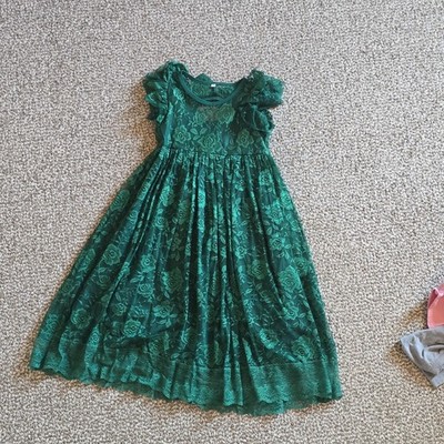 Girls Green Lace Fit & Flare Party Dress 110 Bow Floral Cap Sleeve Long
